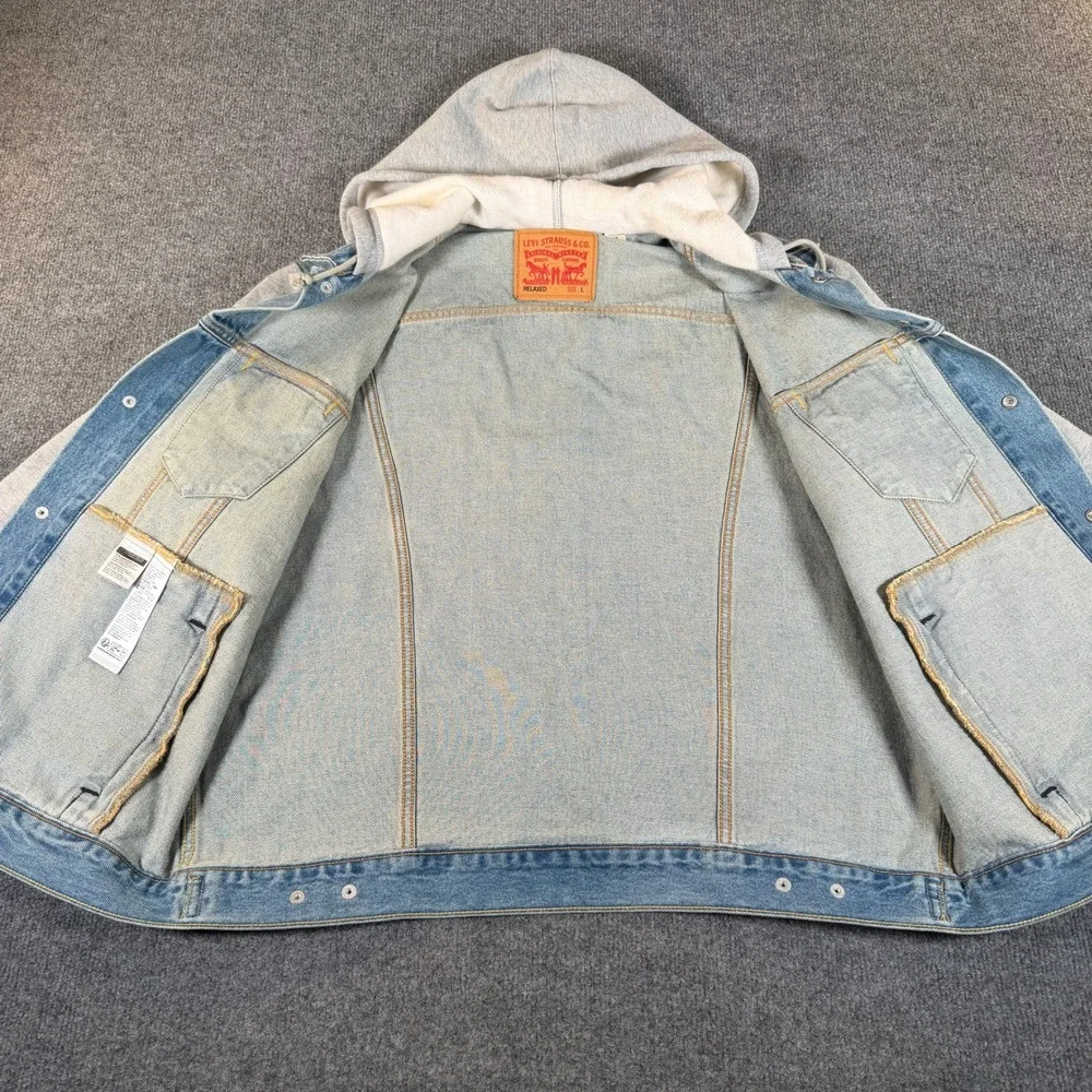 Levis Mens Relaxed Fit Hooded Denim Trucker Jacket Light Wash Gray L #3823